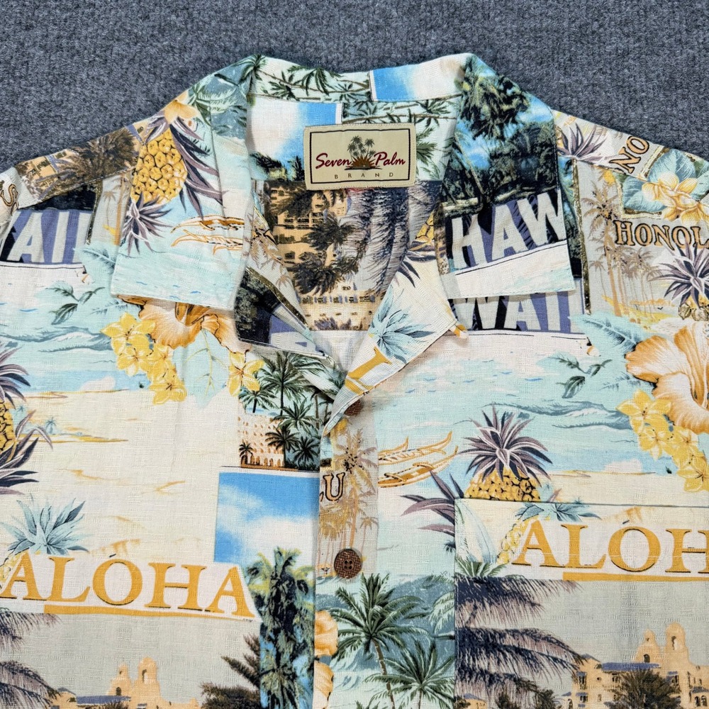 Seven Palm Brand Mens Hawaiian Shirt XL Honolulu Souvenir Aloha Print #4186